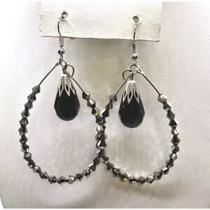 Pierced Hoop Teardrop Shaped Earrings Gray Small Black Center Large Bead